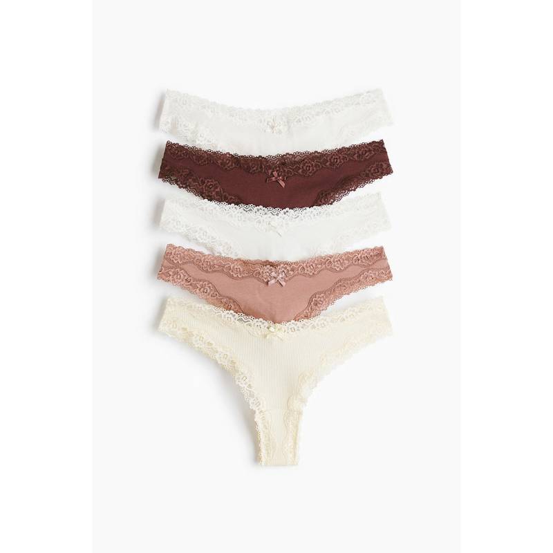 H&M Women Beige 5-Pack Cotton And Lace Brazilian Briefs (XS)