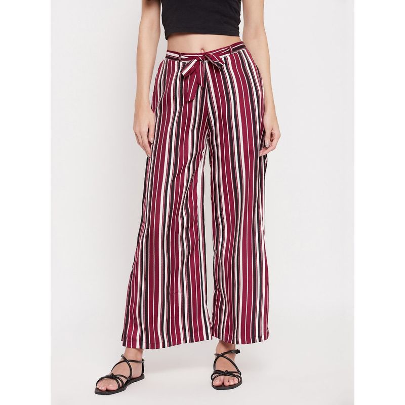 Clovia Crepe Sassy Stripes Flared Pyjama With Side Slits-Maroon (S)