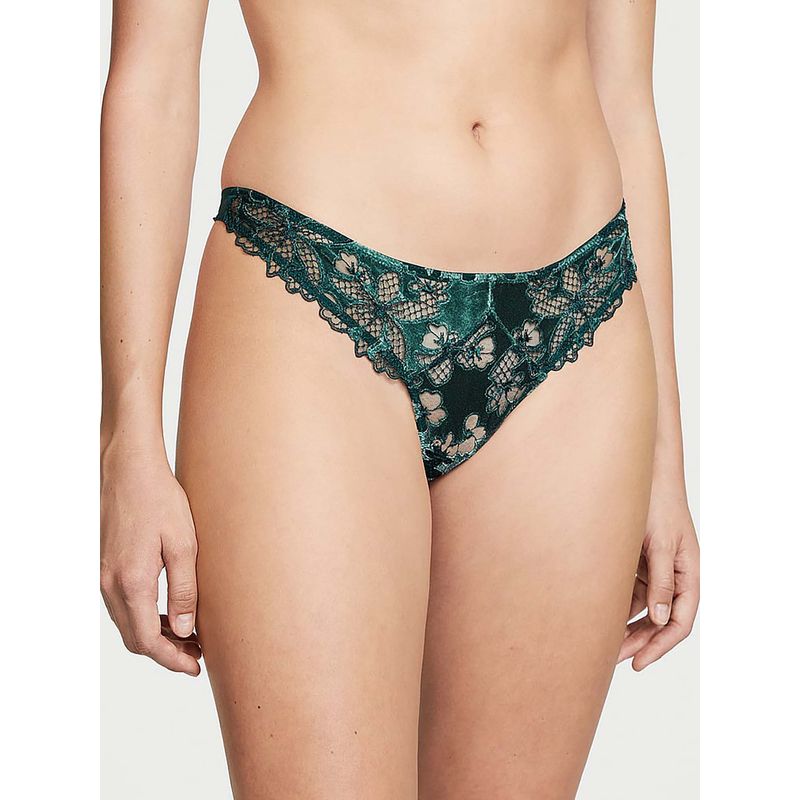 Victoria's Secret Green Very Sexy Satin Ziggy Glam Floral Embroidery Thong Panty (S)