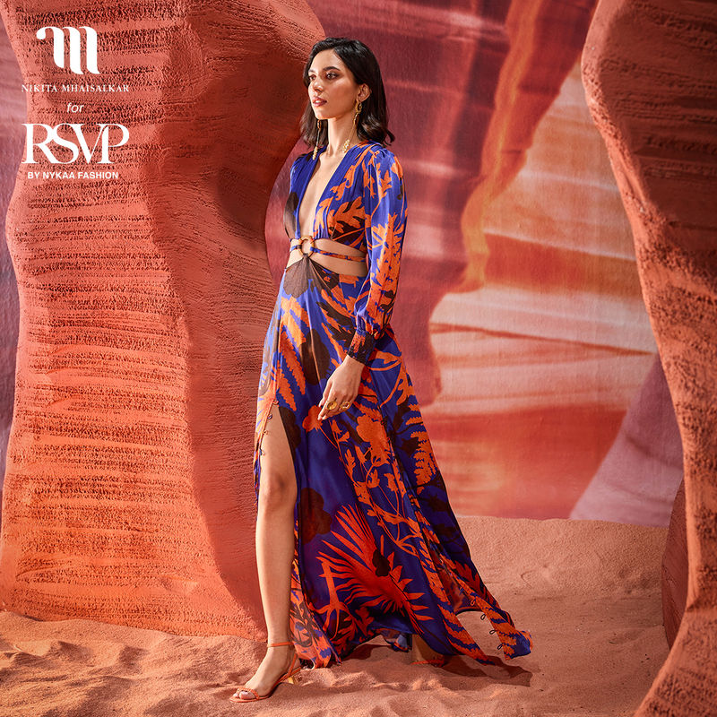 Nikita Mhaisalkar Blue and Rust Floral Print Plunge V Neck Fit and