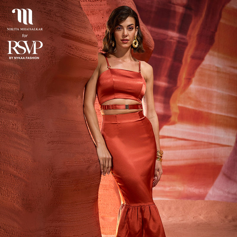 Nikita Mhaisalkar Rust Solid Ruffled Peplum Midi Satin Skirt (26)