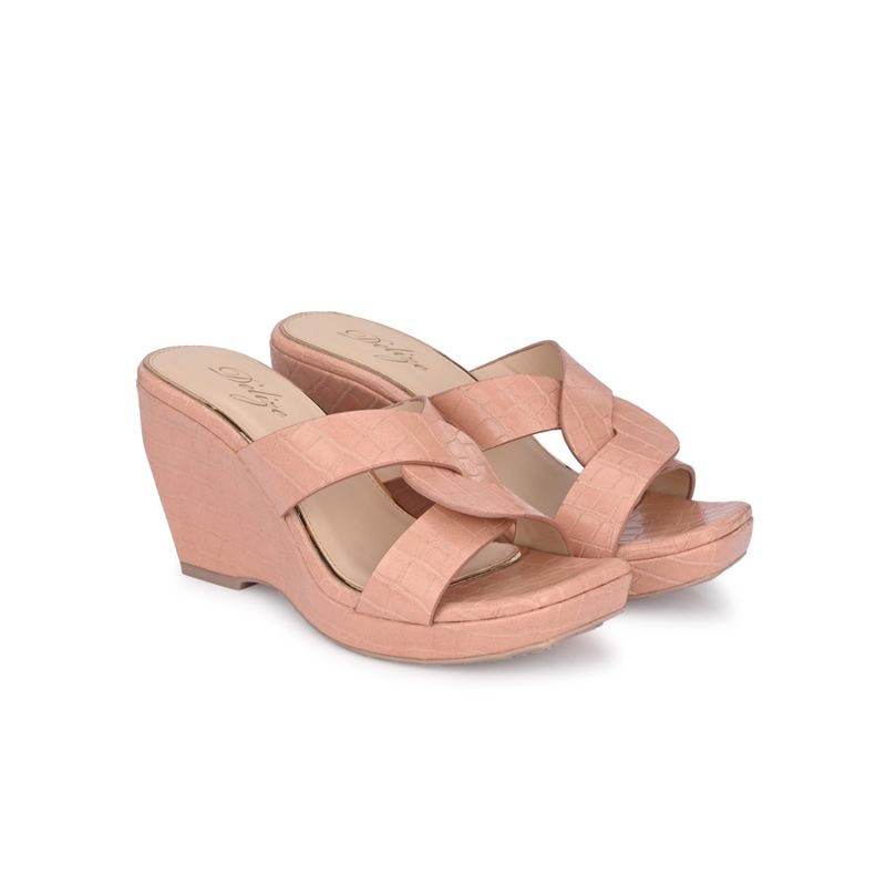 Delize Light - Womens Pink Croco Print Vegan Leather Cross Strap Wedge Heel Sandals (UK 5)