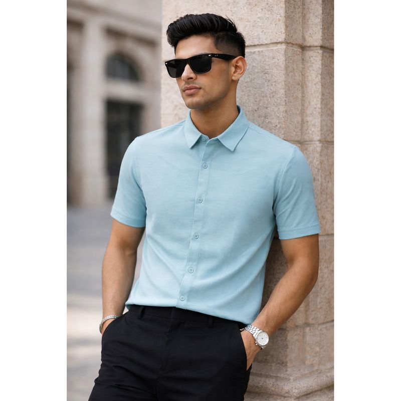 Parcel Yard Aqua Button-Down Collar Cotton Blend Shirt (M)
