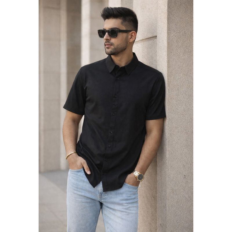 Parcel Yard Black Button-Down Collar Cotton Blend Shirt (M)