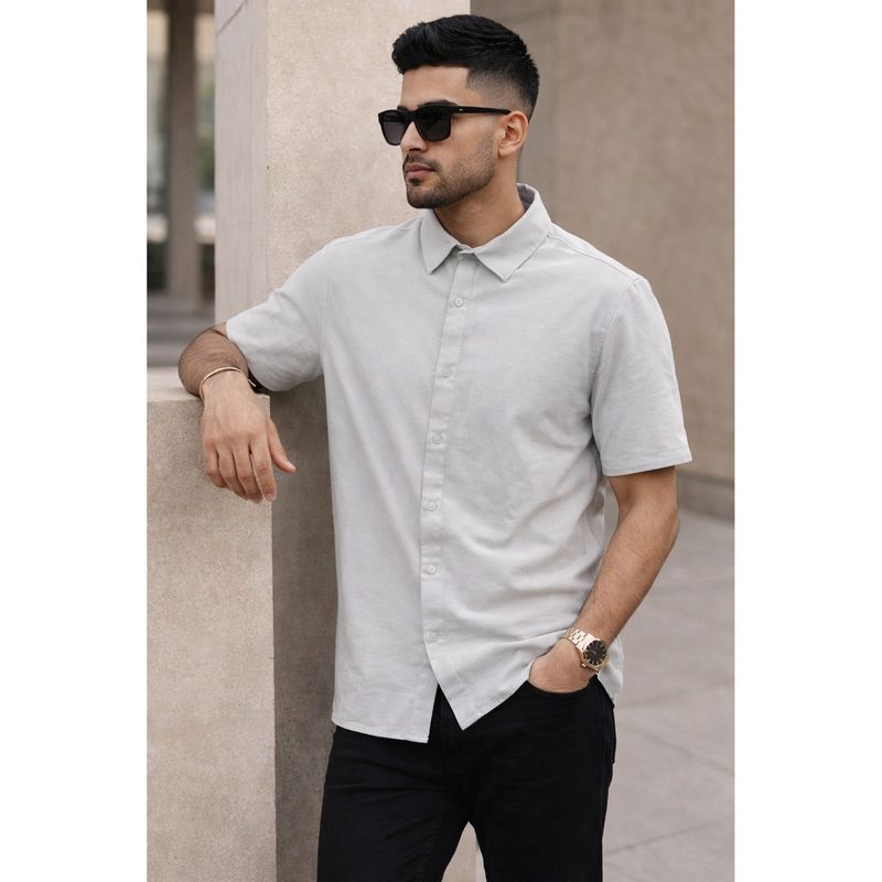 Parcel Yard Grey Button-Down Collar Cotton Blend Shirt (M)