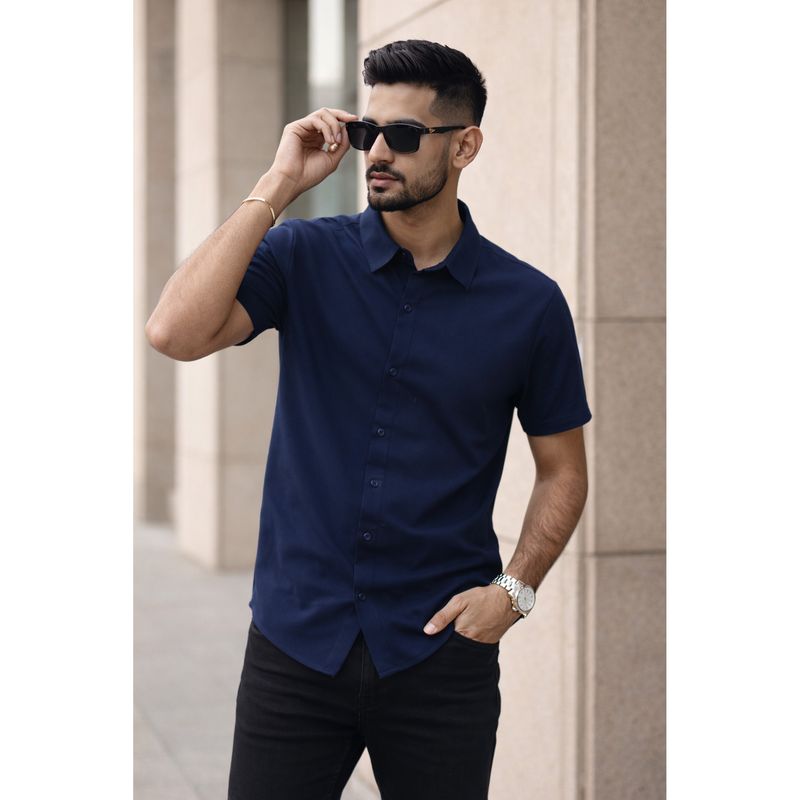 Parcel Yard Navy Blue Button-Down Collar Cotton Blend Shirt (M)