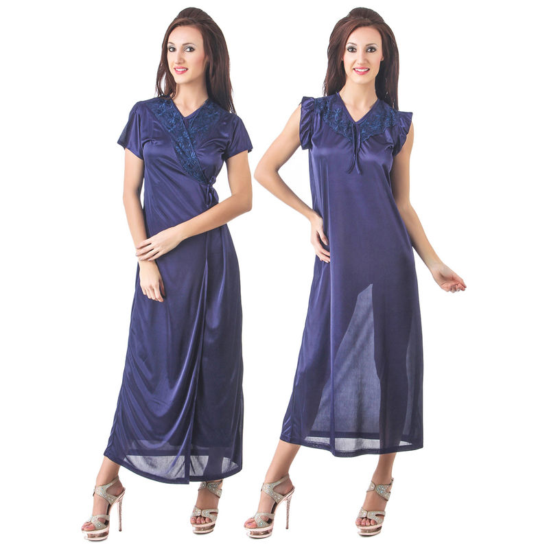 Fasense Women Satin Nightwear Sleepwear 2 Pcs Set Of Nighty, Robe, SR006 C - Blue (M)