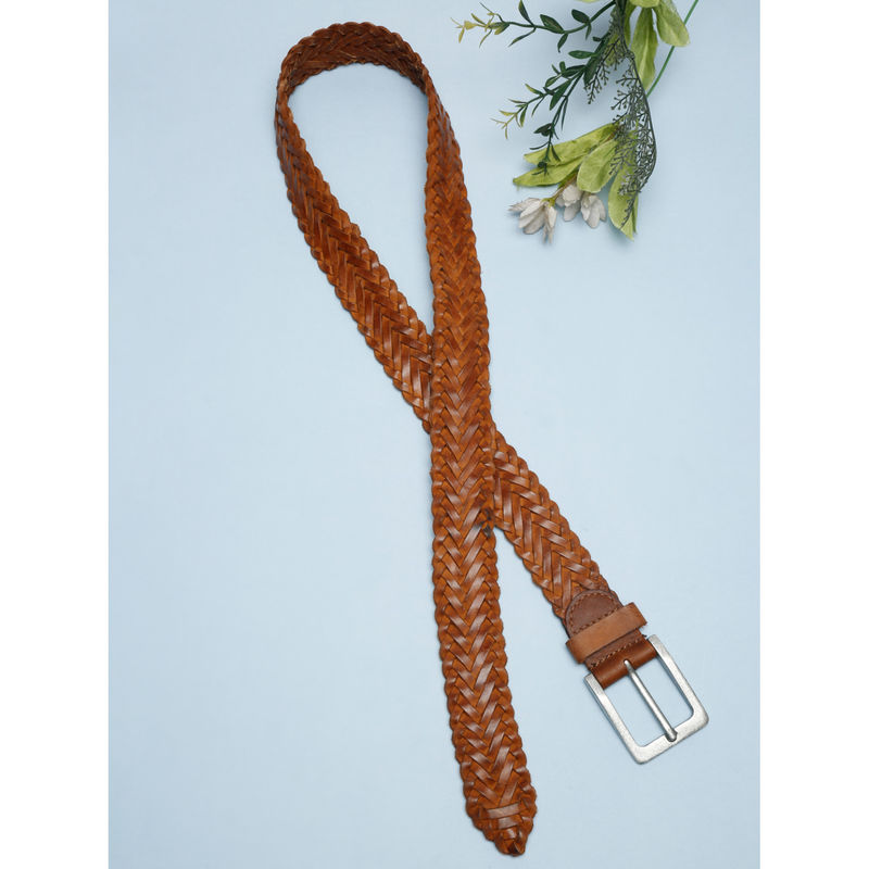 Teakwood Brown Solid Genuine Leather Braided Belt - 44