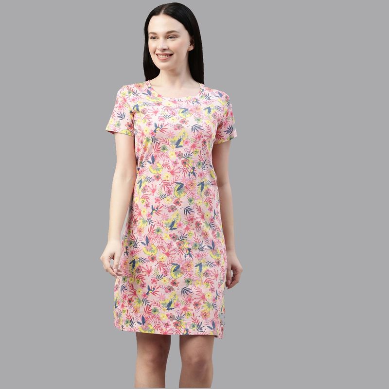 Kryptic Women Pink Pure Cotton Floral Printed T-shirt Night Dress (S)