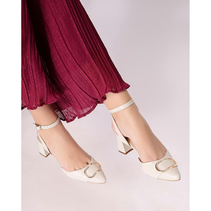 T.ELEVEN White Pointed Buckle Detail Pumps-White (EURO 38)