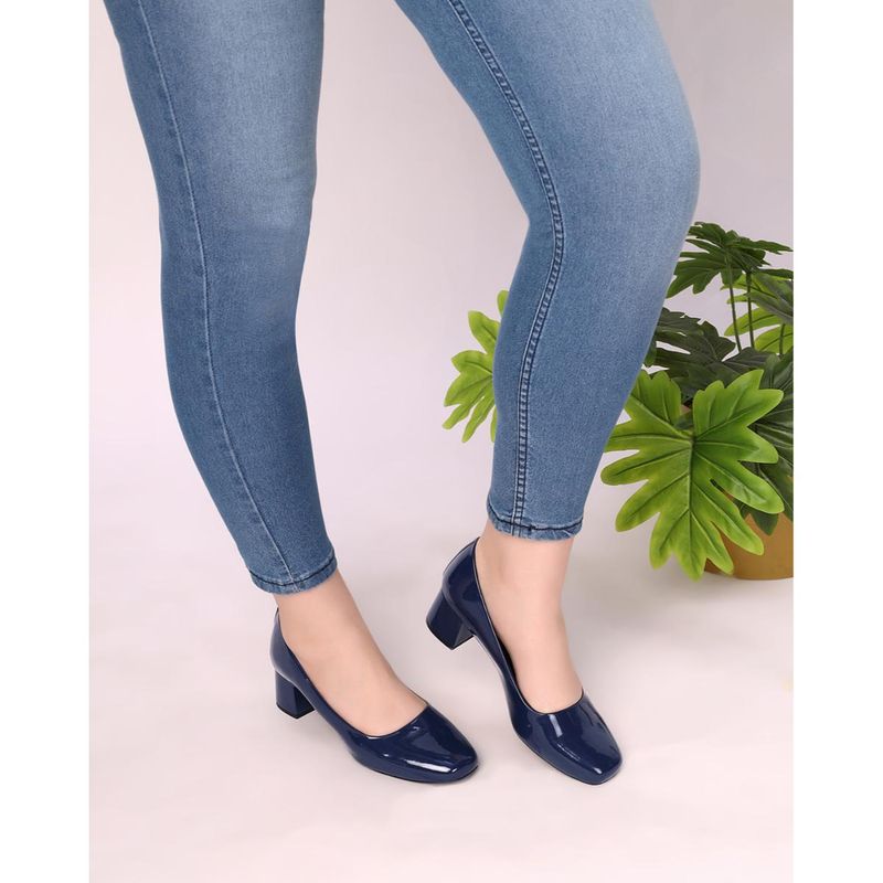 T.ELEVEN Navy Square Toe Pumps Block Heels-Navy Blue (EURO 40)