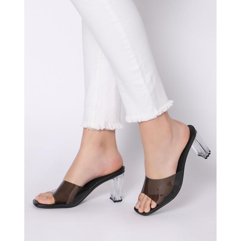 T.ELEVEN Open-Toe Slip-On Chunky Block Heels Heeled Sandals-Black (EURO 38)