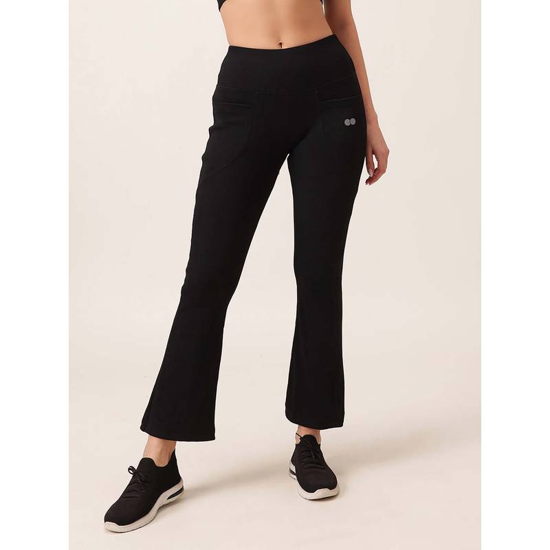 Clovia Purple Comfort Fit High-Waist Ribbed Flared Yoga Sweatpants (M)