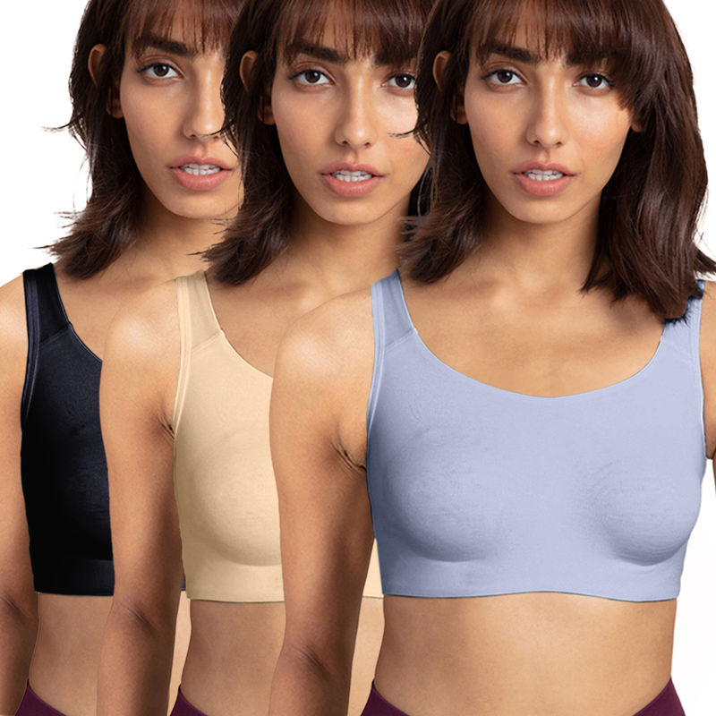 NYKD By Nykaa PO3 Easy-Peasy Slip-On Bra With Full Coverage-China blue, Beige & Black-NYB113 (M)