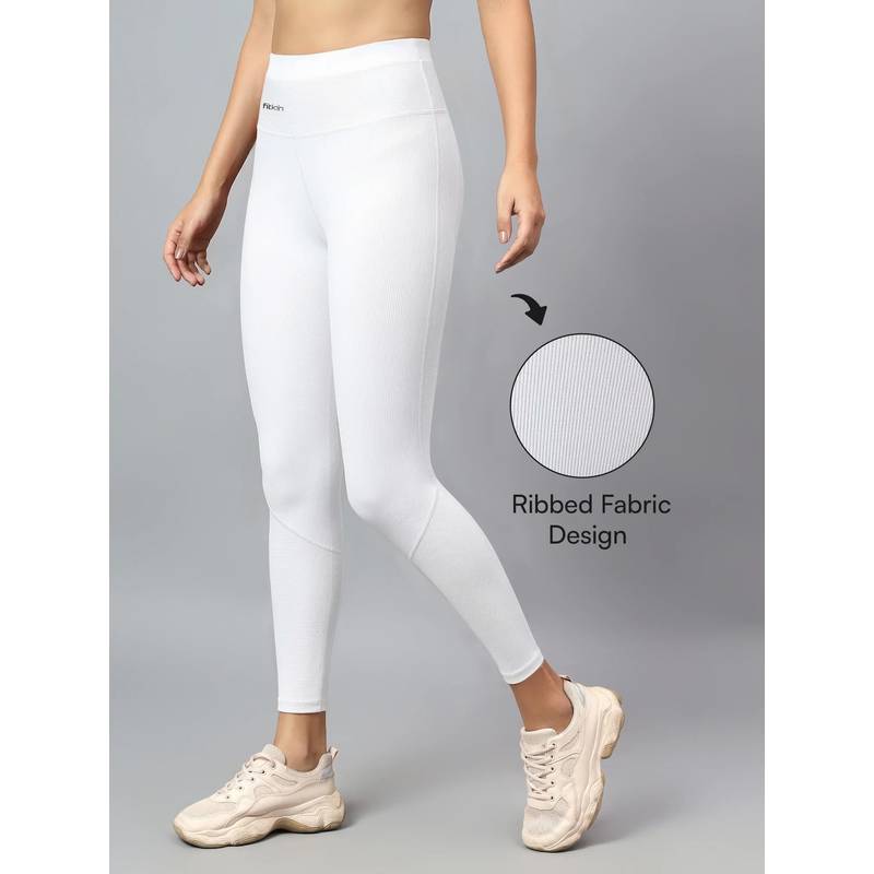 Fitkin Women White Ribbed High Waist Leggings (L)