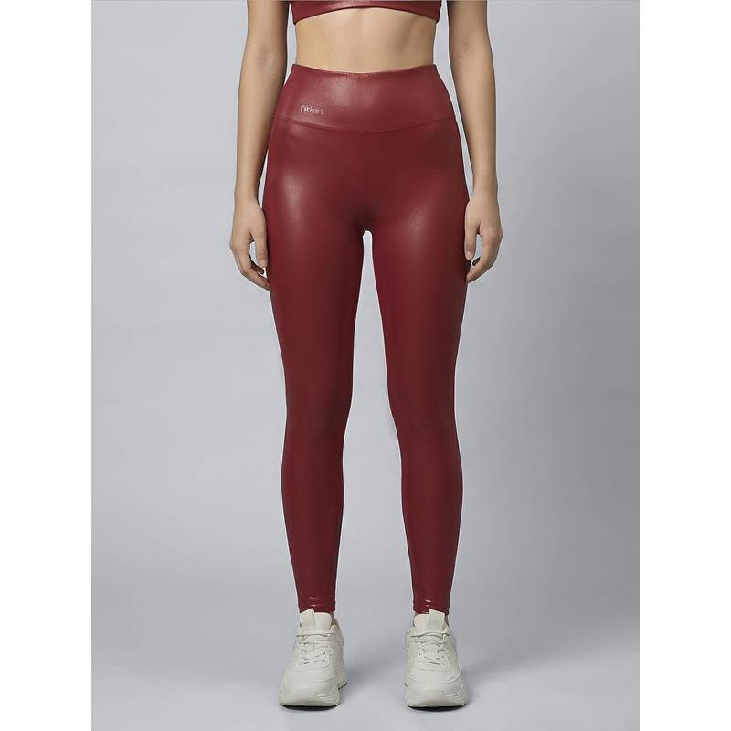 Fitkin Women Luxe Maroon Shine On Performance Tights (L)