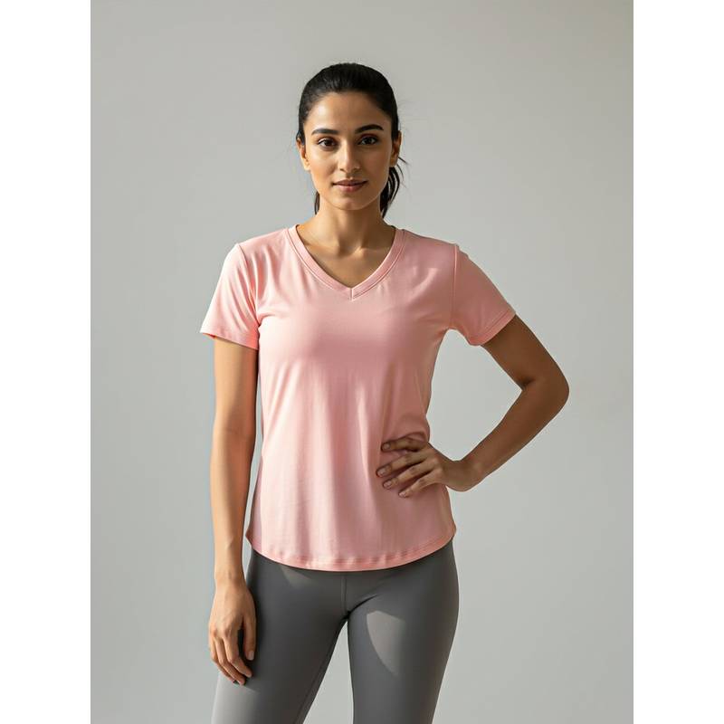 Fitkin Women Pink V-Neck Short Sleeve T-Shirt (L)