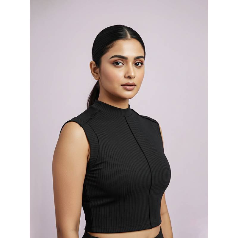 Fitkin Women Luxe Black Ribbed Sleeveless Crop Top (S)