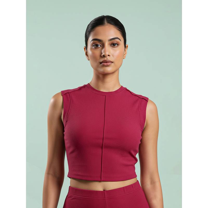Fitkin Women Luxe Maroon Ribbed Sleeveless Crop Top (S)
