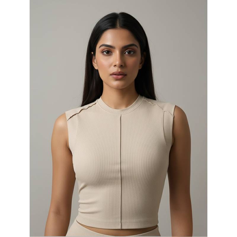 Fitkin Women Luxe Beige Ribbed Sleeveless Crop Top (L)