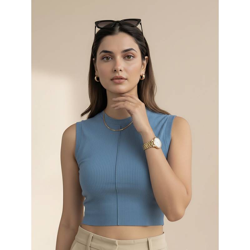 Fitkin Women Luxe Blue Ribbed Sleeveless Crop Top (L)