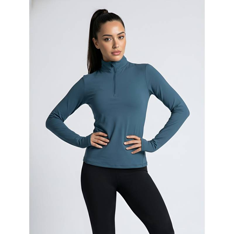 Fitkin Women Blue Half Zip Full Sleeve Sports T-Shirt (L)