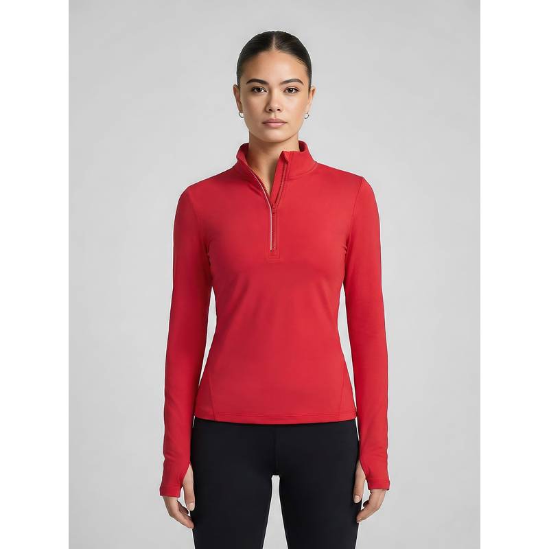 Fitkin Women Cherry Red Half Zip Full Sleeve Sports T-Shirt (XL)
