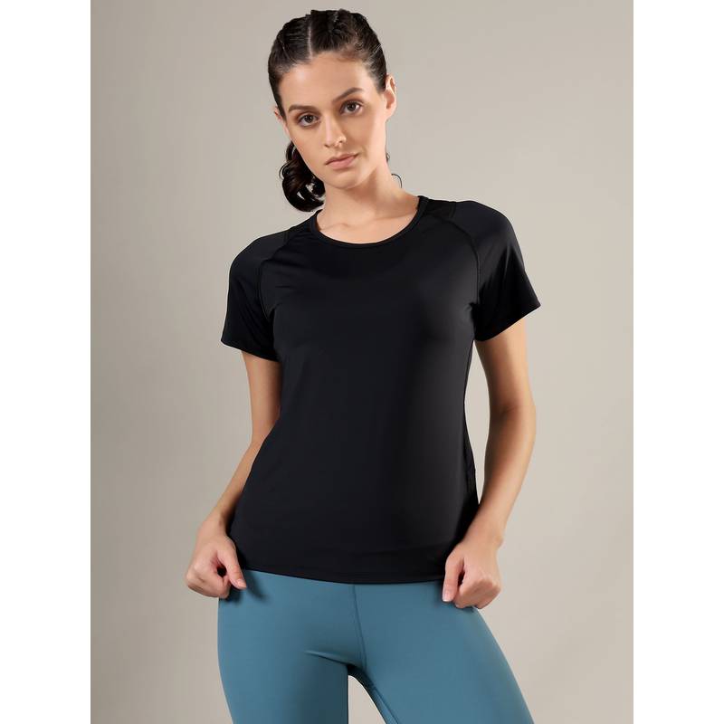 Fitkin Women Black Solid Training Top with Back Mesh Panels and Breathable Back Detail (L)