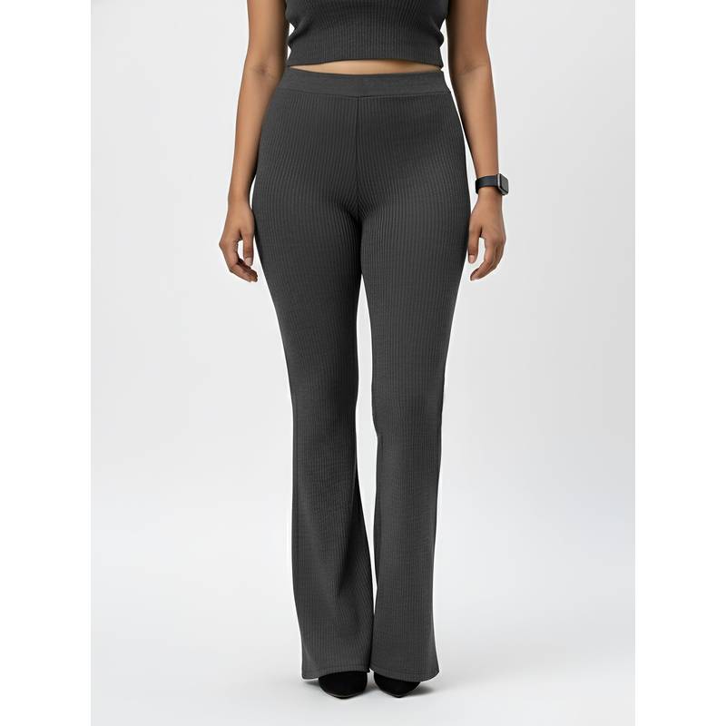 Fitkin Women Grey Ribbed High-Waist Wide Track Pant (M)