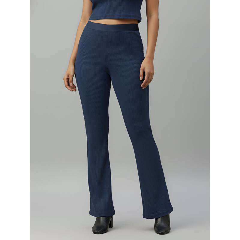 Fitkin Women Blue Ribbed High-Waist Wide Track Pant (XL)