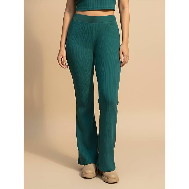Fitkin Women Green Ribbed High-Waist Wide Track Pant (2XL)