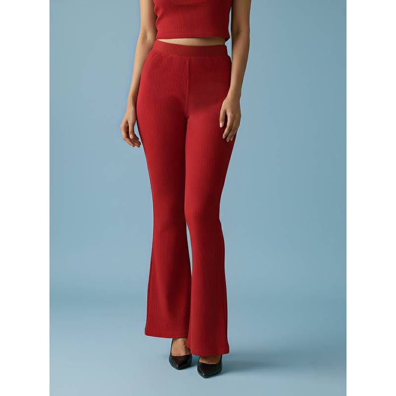 Fitkin Women Red Ribbed High-Waist Wide Track Pant (M)