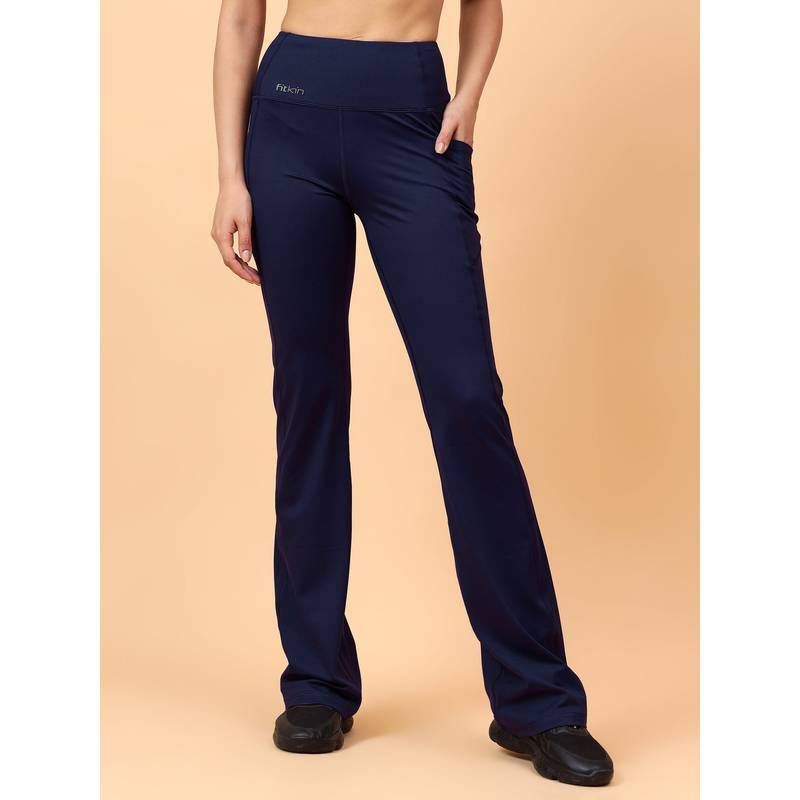 Fitkin Women Navy Blue Straight Gym and Yoga Trackpant (M)
