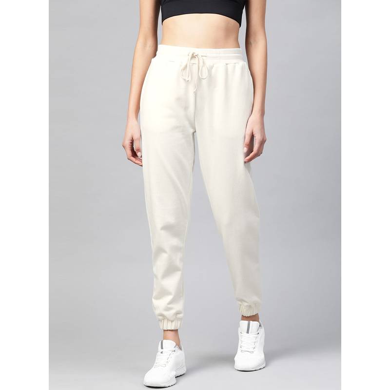Fitkin Women Off White Solid Fleece Regular Fit Jogger (M)