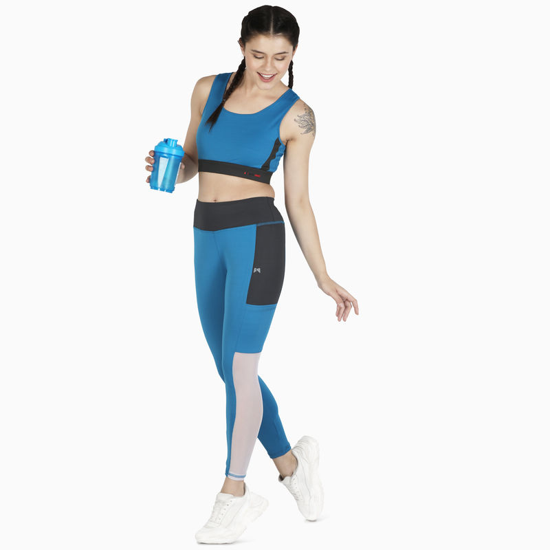 MuscleTorque Gym/Yoga High Waist With Mesh Tight With Sports Bra Set- Blue & Grey (M)