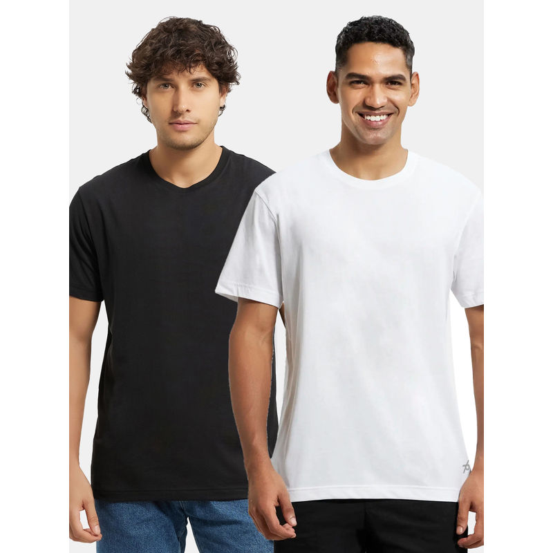 Jockey 2714 Men Cotton Round Neck T-Shirt - Black and White (Pack of 2) (L)