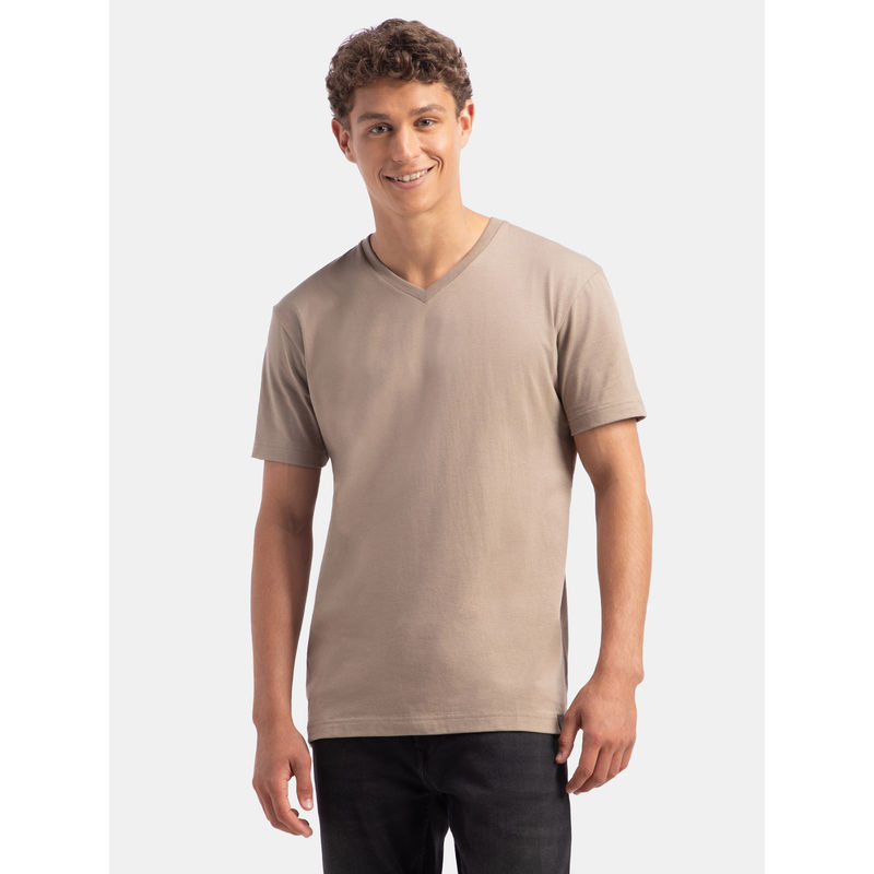 Jockey 2726 Men Super Combed Cotton Solid V Neck Half Sleeve T-Shirt - Desert Taupe (M)