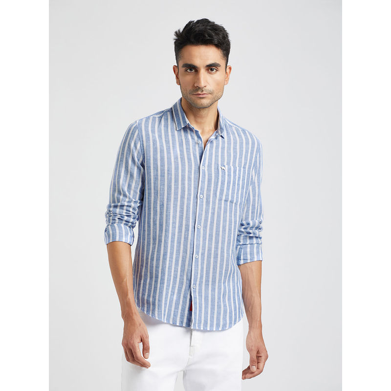 THE BEAR HOUSE Men Blue Vertical Striped Slim Fit Cotton Linen Casual Shirt (XL)