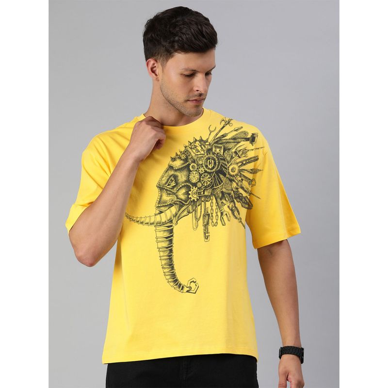 Huetrap Mens Printed Round Neck Drop Shoulder Relaxed Fit Yellow T-Shirt (S)