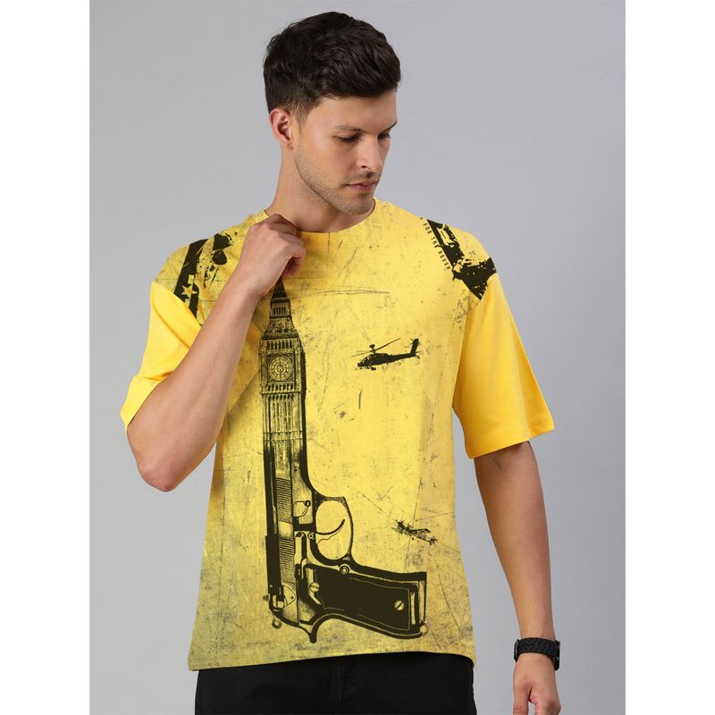Huetrap Mens Printed Round Neck Drop Shoulder Relaxed Fit Yellow T-Shirt (L)