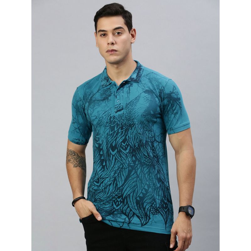Huetrap Mens Short Sleeves Printed Exotic Blue Polo T-Shirt (S)