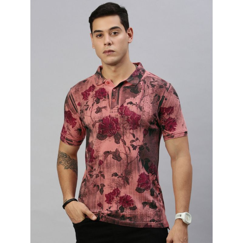 Huetrap Mens Short Sleeves Printed Peach Polo T-Shirt (S)