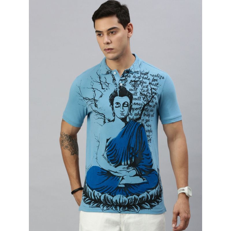 Huetrap Mens Short Sleeves Printed Vintage Indigo Polo T-Shirt (L)