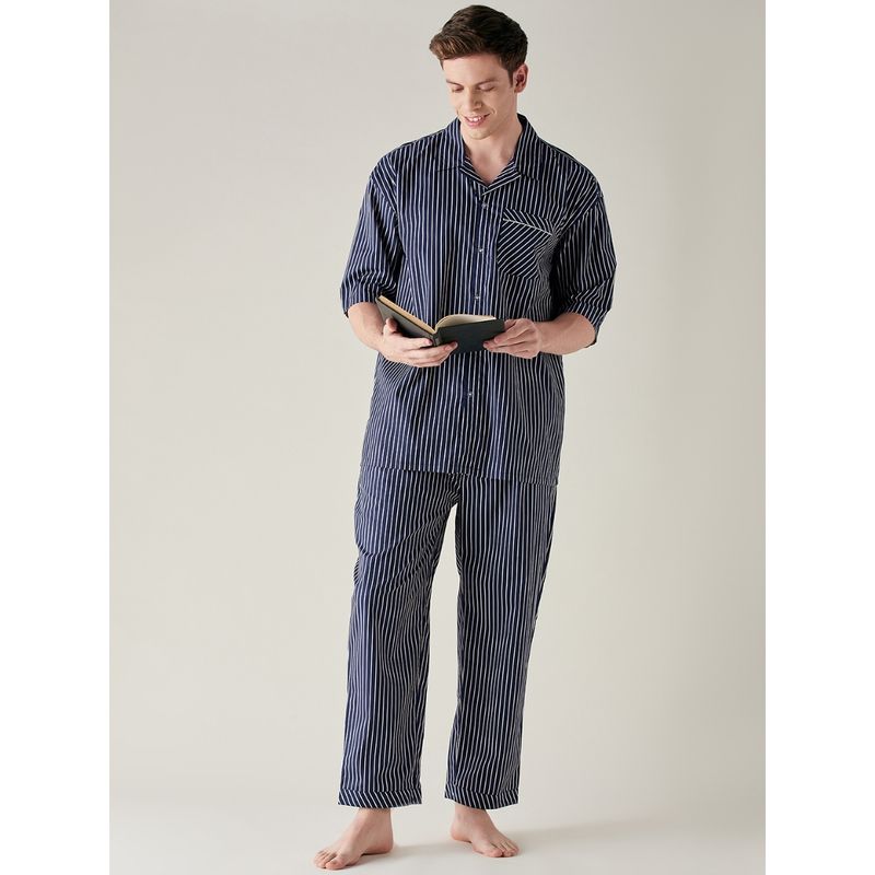 The Kaftan Company Blue Pinstriped Pure Cotton Pyjama Navy Blue (Set of 2) (S)