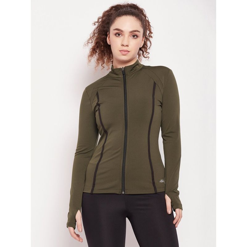 Athlisis Women Olive Green Reflective Strip Training Or Gym Sporty Jacket (L)