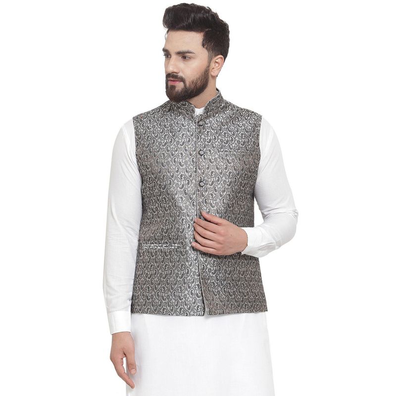 TREEMODA New Designer Men Black And Grey Brocade Nehru Jacket (S)
