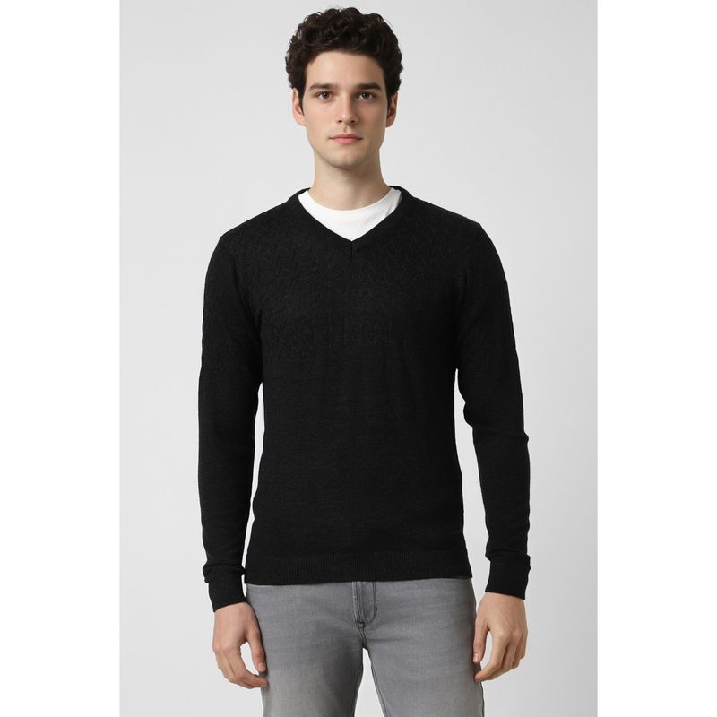 Peter England Men Black Textured V Neck Sweater (L)