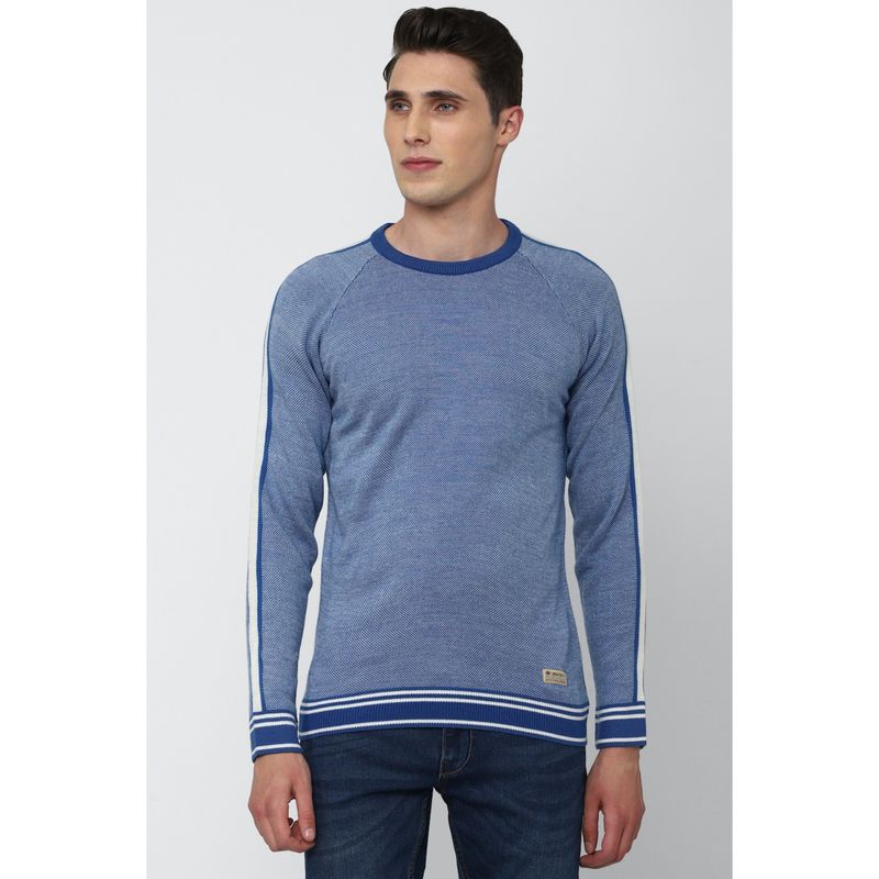 Peter England Men Blue Stripe Crew Neck Sweater (XL)
