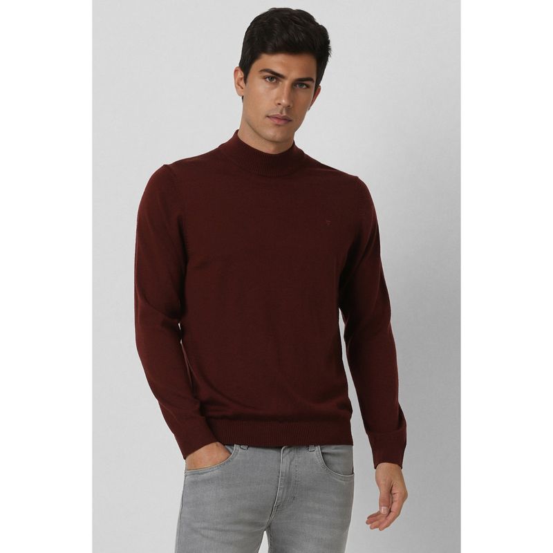 Van Heusen Men Maroon Solid High Neck Sweater (M)