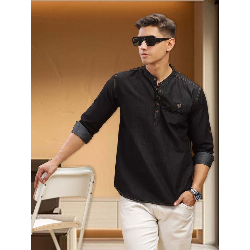KUONS AVENUE Mens Black Denim Casual Short Kurta (M)
